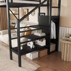 Lit mezzanine jumeau Okak 94IN avec armoire, lit jumeau avec étagères de rangement et panier, cadres de lit pour chambre à coucher, dortoir