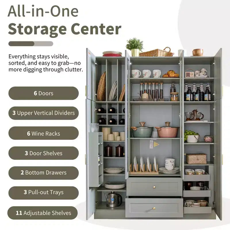 Armoire de rangement de cuisine sur pied Whisen 71H, grand buffet de salle à manger avec 6 portes et étagères réglables