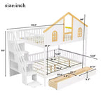Lit superposé Whisen pour jumeaux avec porte fenêtre et toit, tiroirs de rangement et escalier