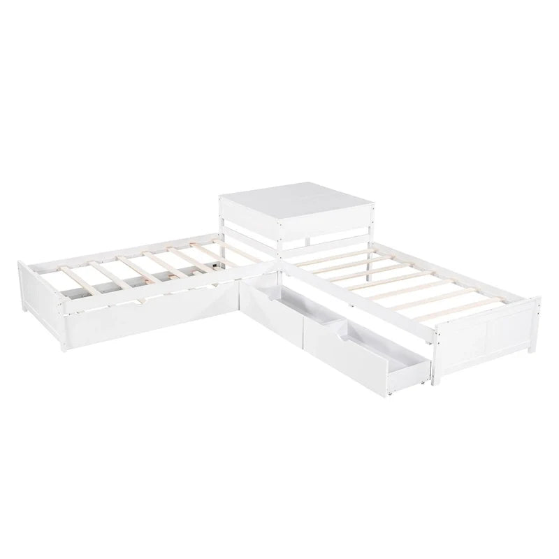 Lit plateforme moderne blanc en forme de L pour deux personnes avec lit gigogne et tiroirs pour chambre à coucher
