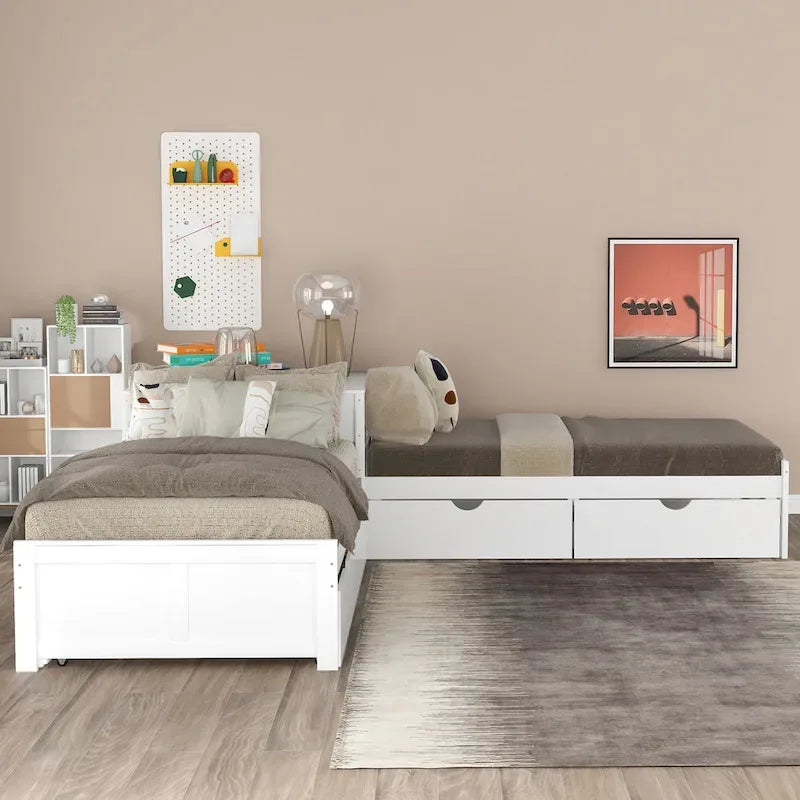 Lit plateforme moderne blanc en forme de L pour deux personnes avec lit gigogne et tiroirs pour chambre à coucher