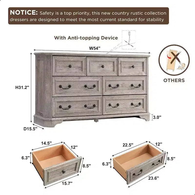 Commode à 7 tiroirs de 54 po pour chambre à coucher, coffre de rangement rustique vintage pour salon et couloir