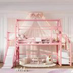 Lit mezzanine cabane avec toboggan et escalier de rangement - Cadre métallique pour enfants et adolescents