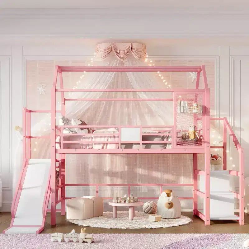 Lit mezzanine cabane avec toboggan et escalier de rangement - Cadre métallique pour enfants et adolescents
