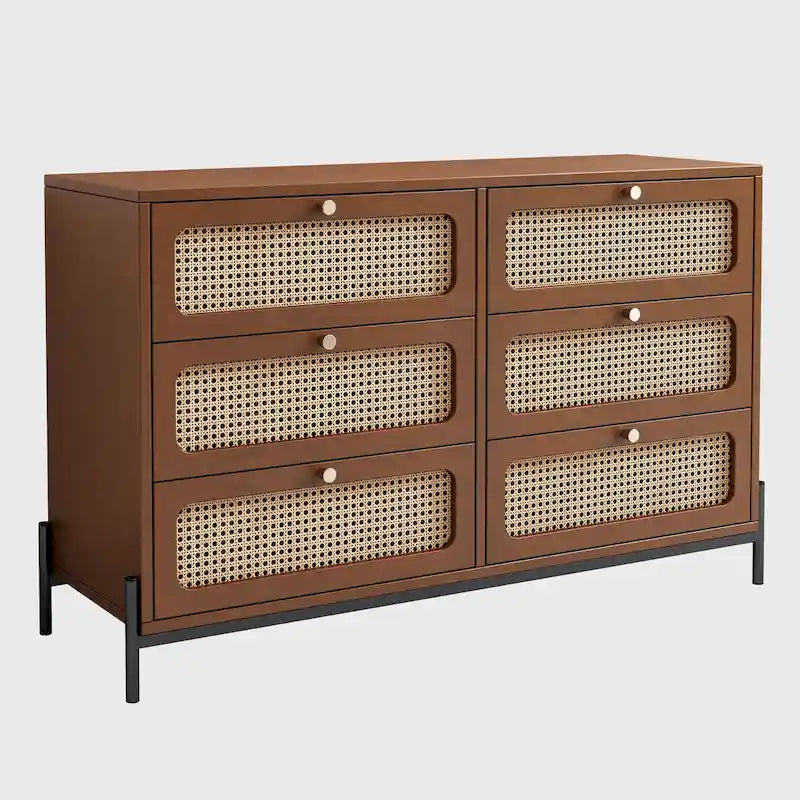 Commode à 6 tiroirs en bois de rotin cannage moderne