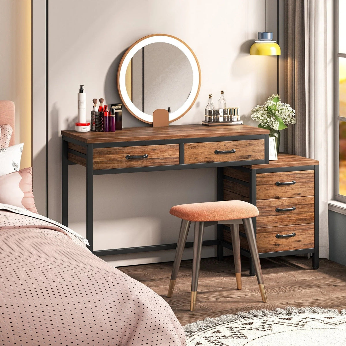 Bureau d'ordinateur réversible avec 5 tiroirs, bureau de travail à domicile avec caisson de rangement pour dossiers et support pour imprimante