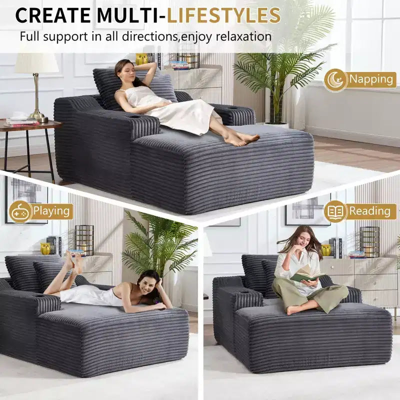 Chaise longue de 170 cm, canapé-lit d'intérieur avec 2 coussins, canapé monoplace sans structure pour salon, aucun assemblage requis