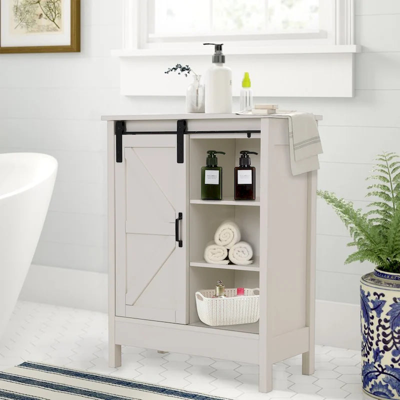 Meuble de rangement de salle de bain sur pied style ferme avec porte coulissante type grange