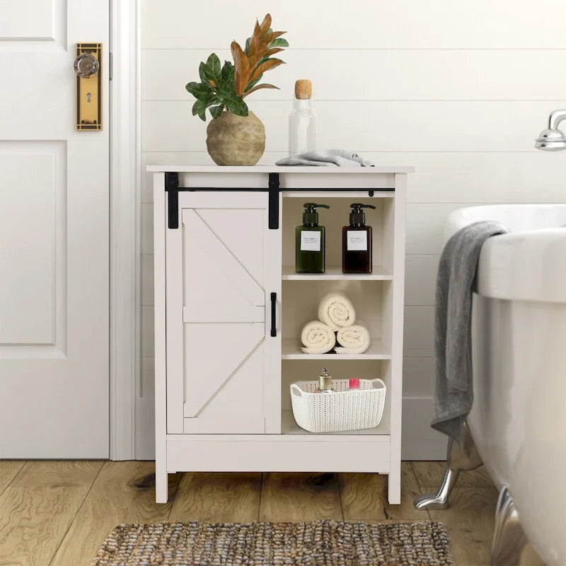 Meuble de rangement de salle de bain sur pied style ferme avec porte coulissante type grange