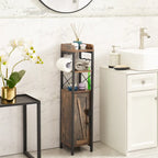 Meuble colonne de salle de bain en bois, Meuble de rangement de salle de bain compact à poser d'angle avec portes et étagères, Porte-rouleau de papier toilette