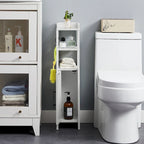 Meuble colonne de salle de bain en bois, Meuble de rangement de salle de bain compact à poser d'angle avec portes et étagères, Porte-rouleau de papier toilette