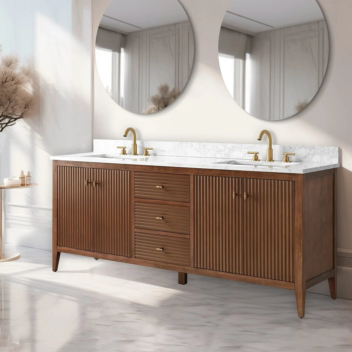 Meuble-lavabo de salle de bain Vanity Art 72 po à double vasque avec dessus en marbre reconstitué