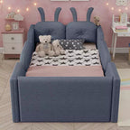 Lit plateforme double Whisen, cadre de lit rembourré pour enfants avec coussin lapin, barrières latérales amovibles