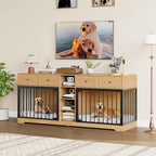 82 Meubles doubles pour cage de chien, grande niche d'intérieur pour 2 chiens, meuble TV en bois robuste avec 4 tiroirs et étagères