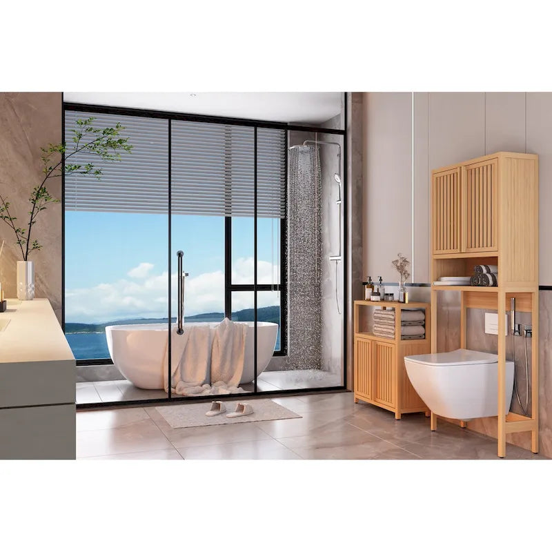 Grand meuble de rangement en bambou pour salle de bain, salon, armoire de rangement en bambou pour salle de bain avec étagères