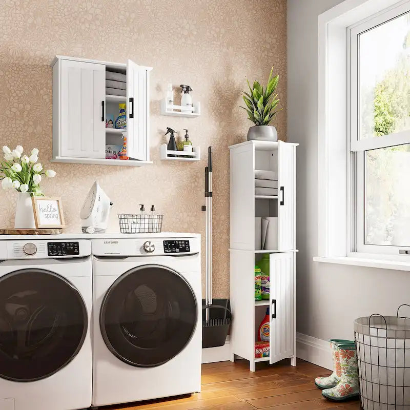 Meuble haut de rangement de salle de bain avec portes et étagères réglables - Blanc