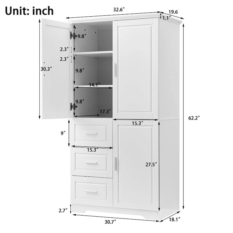 Armoire de rangement avec portes et trois tiroirs, 81 cm (32 po) l. x 183 cm (72 po) H