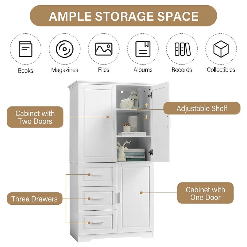 Armoire de rangement avec portes et trois tiroirs, 81 cm (32 po) l. x 183 cm (72 po) H