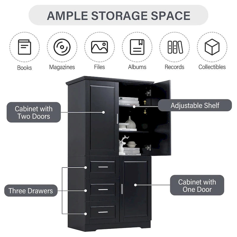 Armoire de rangement avec portes et trois tiroirs, 81 cm (32 po) l. x 183 cm (72 po) H