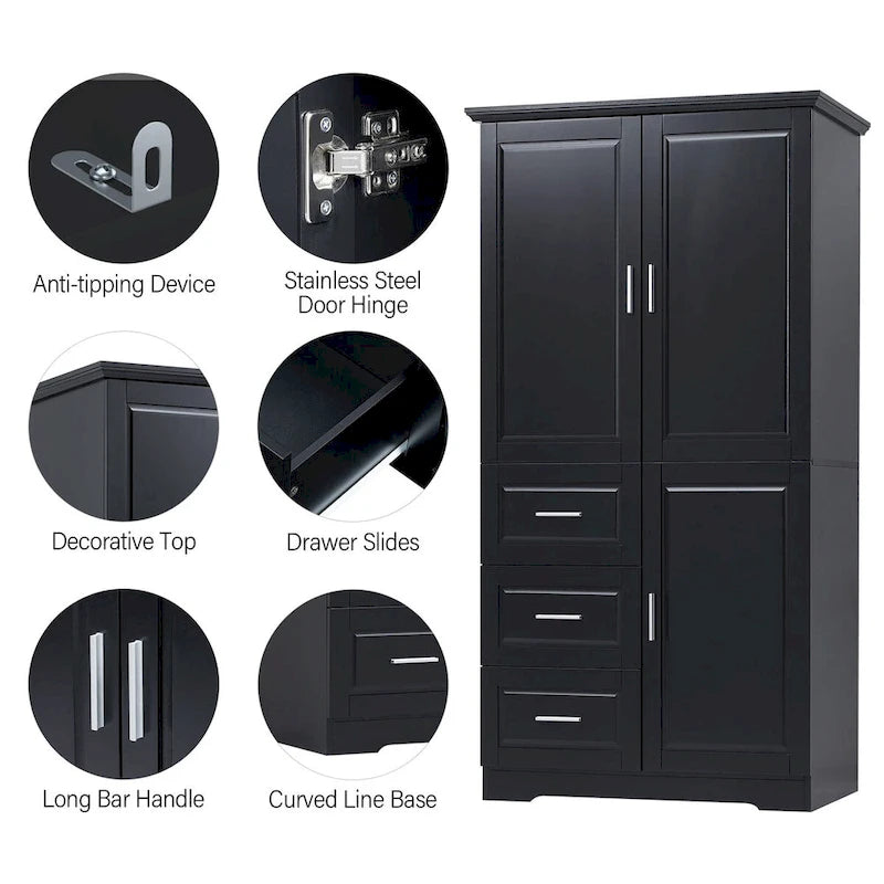 Armoire de rangement avec portes et trois tiroirs, 81 cm (32 po) l. x 183 cm (72 po) H