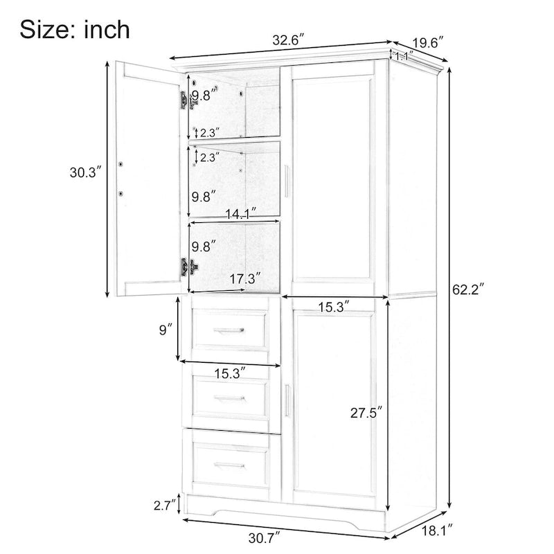 Armoire de rangement avec portes et trois tiroirs, 81 cm (32 po) l. x 183 cm (72 po) H