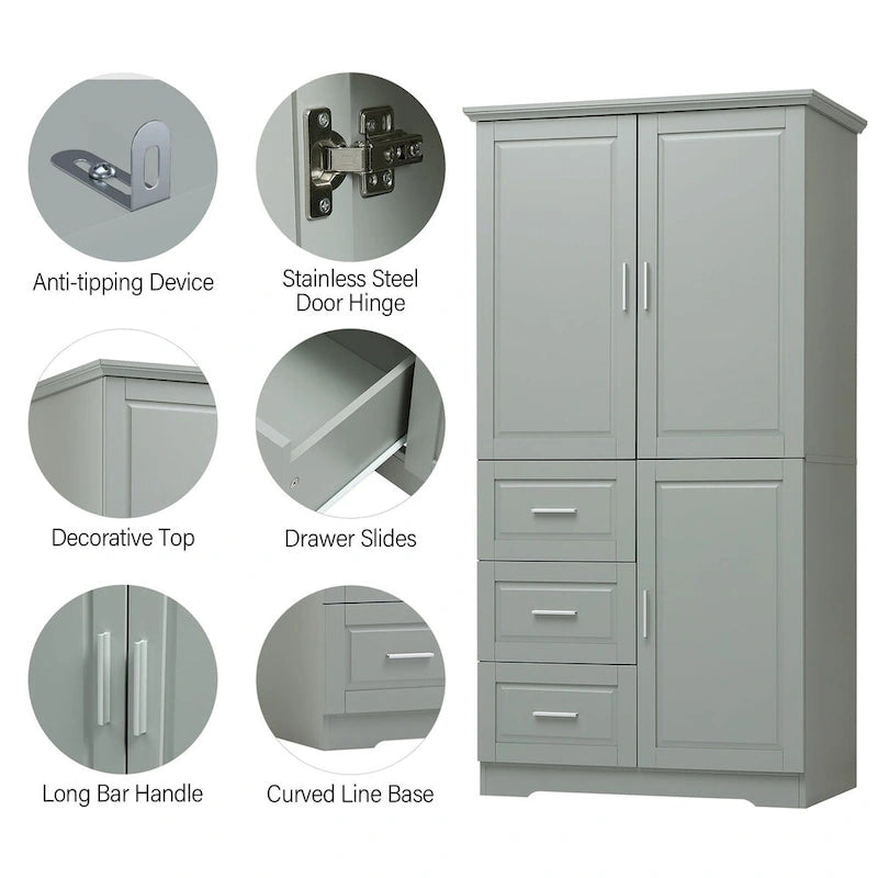 Armoire de rangement avec portes et trois tiroirs, 81 cm (32 po) l. x 183 cm (72 po) H