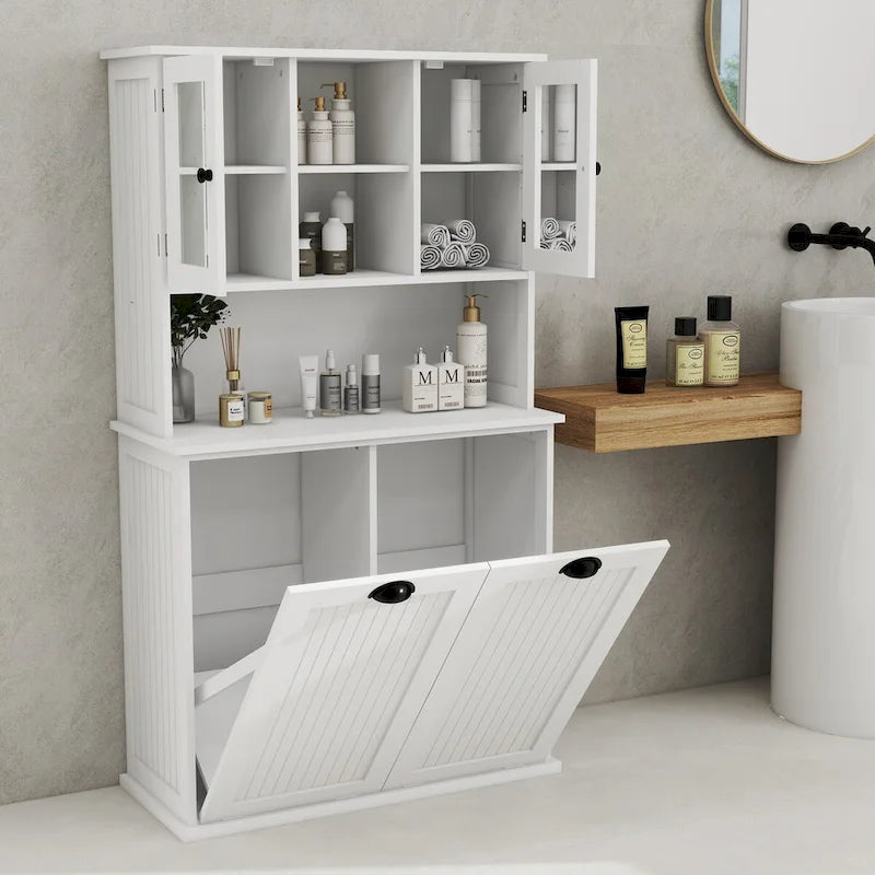 Meuble de rangement blanc de 152 cm de hauteur, meuble de salle de bain haut avec deux paniers à linge sale inclinables et 2 étagères réglables