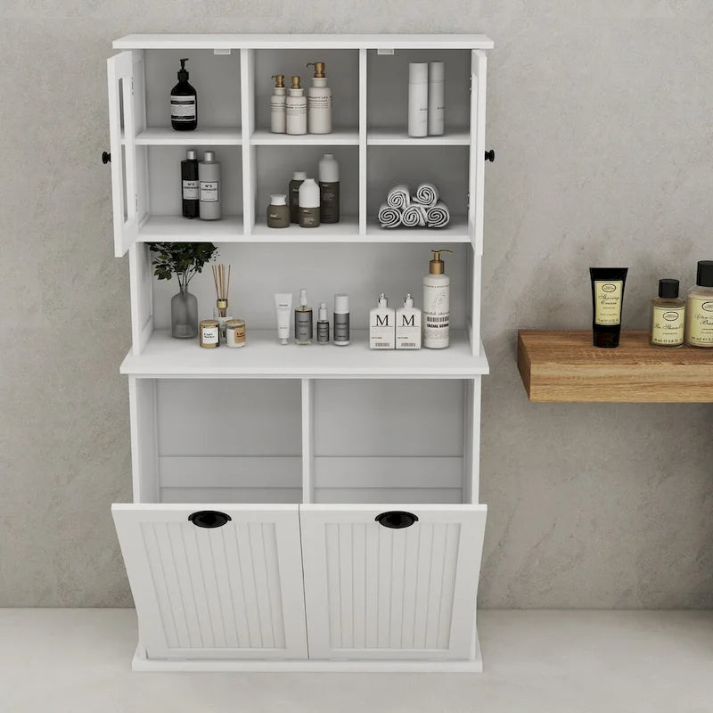 Meuble de rangement blanc de 152 cm de hauteur, meuble de salle de bain haut avec deux paniers à linge sale inclinables et 2 étagères réglables