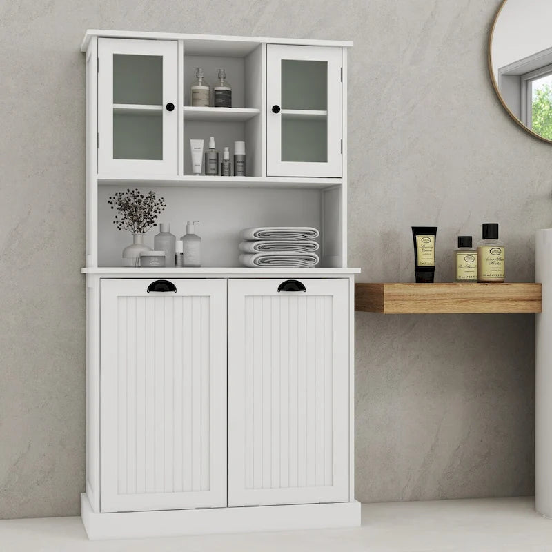 Meuble de rangement blanc de 152 cm de hauteur, meuble de salle de bain haut avec deux paniers à linge sale inclinables et 2 étagères réglables