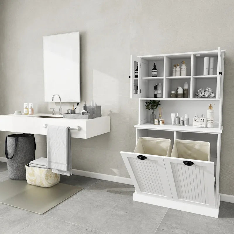 Meuble de rangement blanc de 152 cm de hauteur, meuble de salle de bain haut avec deux paniers à linge sale inclinables et 2 étagères réglables