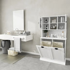 Meuble de rangement blanc de 152 cm de hauteur, meuble de salle de bain haut avec deux paniers à linge sale inclinables et 2 étagères réglables