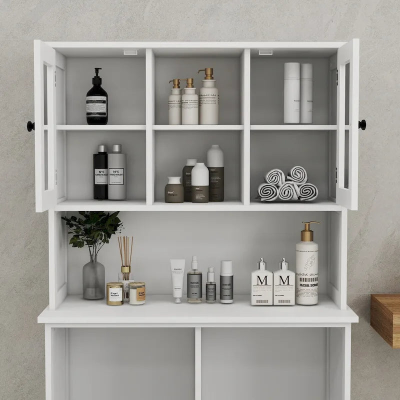 Meuble de rangement blanc de 152 cm de hauteur, meuble de salle de bain haut avec deux paniers à linge sale inclinables et 2 étagères réglables