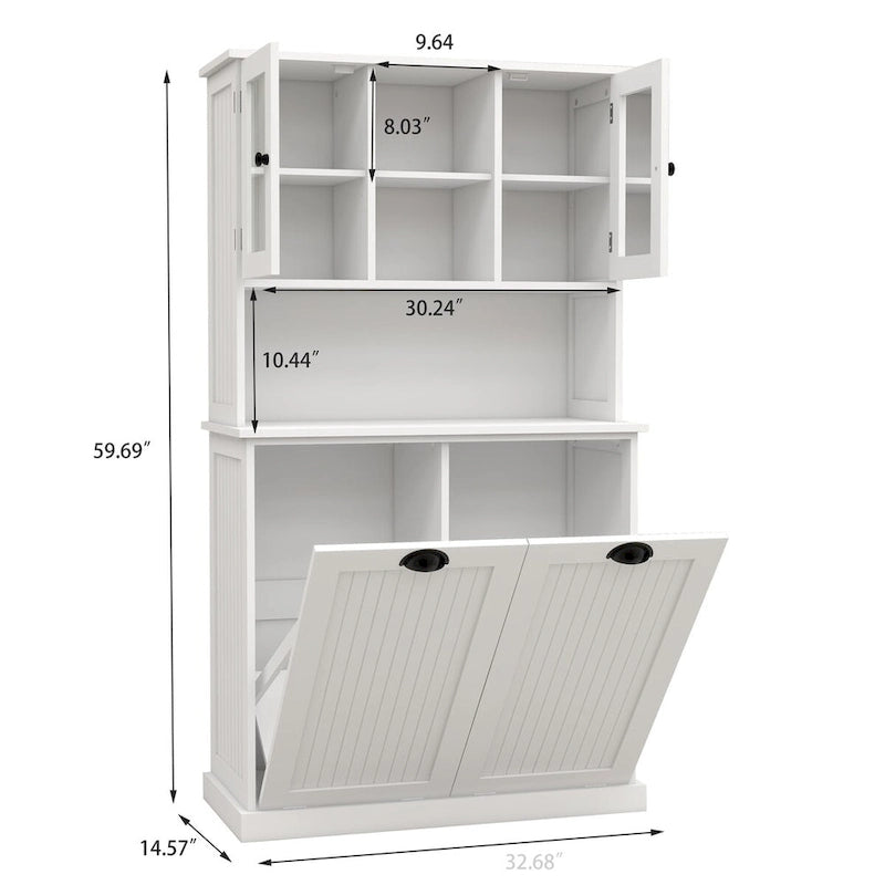 Meuble de rangement blanc de 152 cm de hauteur, meuble de salle de bain haut avec deux paniers à linge sale inclinables et 2 étagères réglables