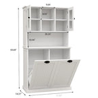Meuble de rangement blanc de 152 cm de hauteur, meuble de salle de bain haut avec deux paniers à linge sale inclinables et 2 étagères réglables