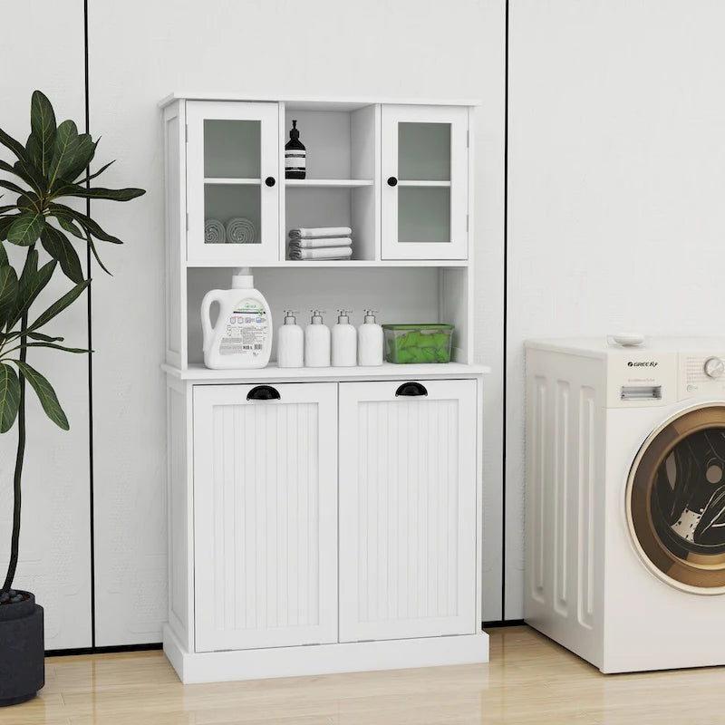 Meuble de rangement blanc de 152 cm de hauteur, meuble de salle de bain haut avec deux paniers à linge sale inclinables et 2 étagères réglables