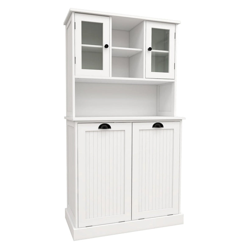 Meuble de rangement blanc de 152 cm de hauteur, meuble de salle de bain haut avec deux paniers à linge sale inclinables et 2 étagères réglables