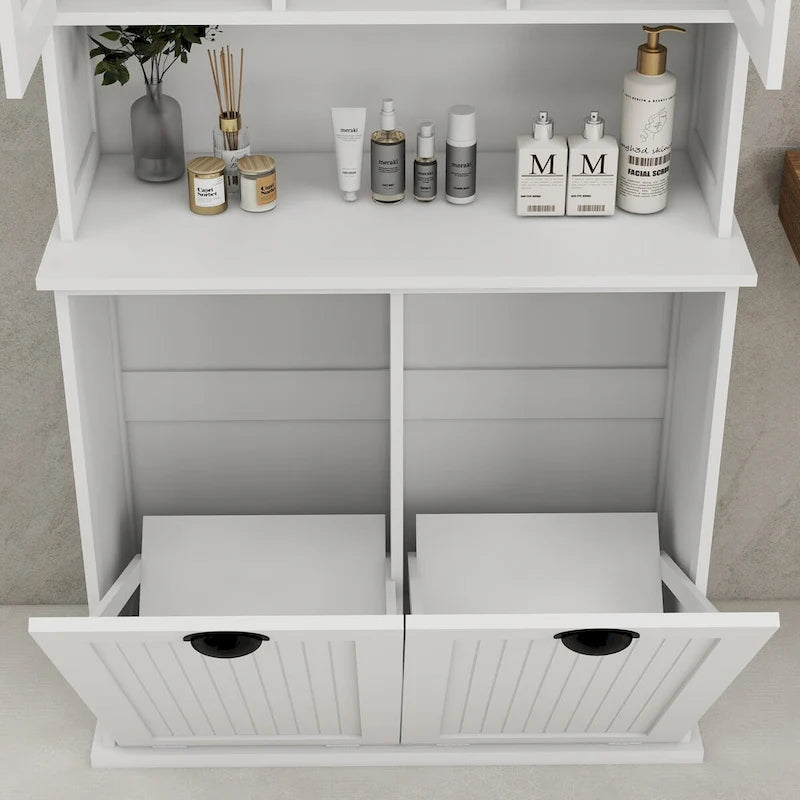 Meuble de rangement blanc de 152 cm de hauteur, meuble de salle de bain haut avec deux paniers à linge sale inclinables et 2 étagères réglables