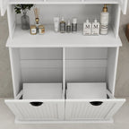 Meuble de rangement blanc de 152 cm de hauteur, meuble de salle de bain haut avec deux paniers à linge sale inclinables et 2 étagères réglables