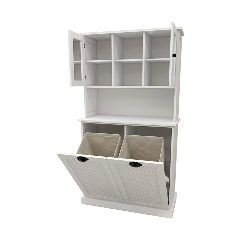 Meuble de rangement blanc de 152 cm de hauteur, meuble de salle de bain haut avec deux paniers à linge sale inclinables et 2 étagères réglables