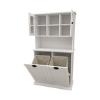 Meuble de rangement blanc de 152 cm de hauteur, meuble de salle de bain haut avec deux paniers à linge sale inclinables et 2 étagères réglables