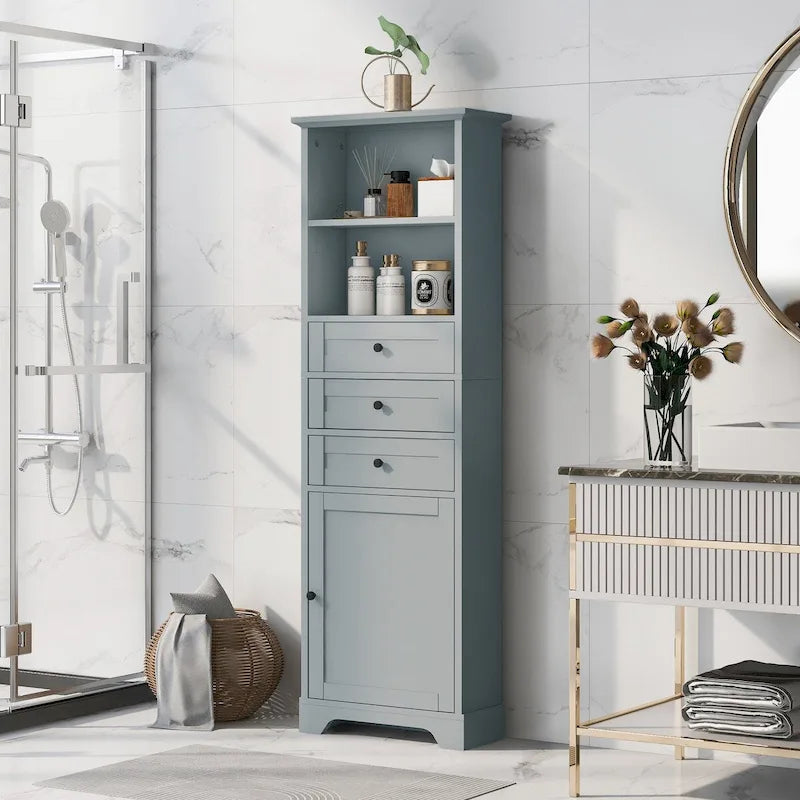 Meuble de salle de bain autoportant de 173 cm de haut avec 3 tiroirs et étagères réglables