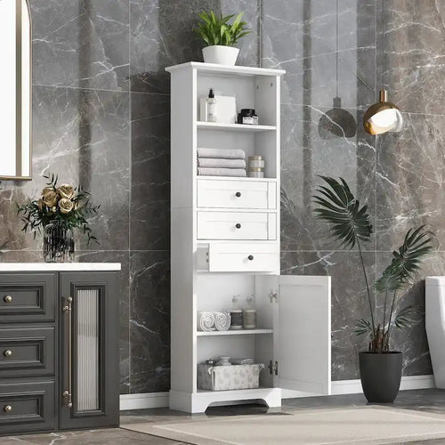 Meuble de salle de bain autoportant de 173 cm de haut avec 3 tiroirs et étagères réglables