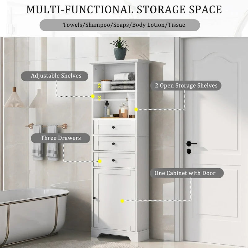 Meuble de salle de bain autoportant de 173 cm de haut avec 3 tiroirs et étagères réglables