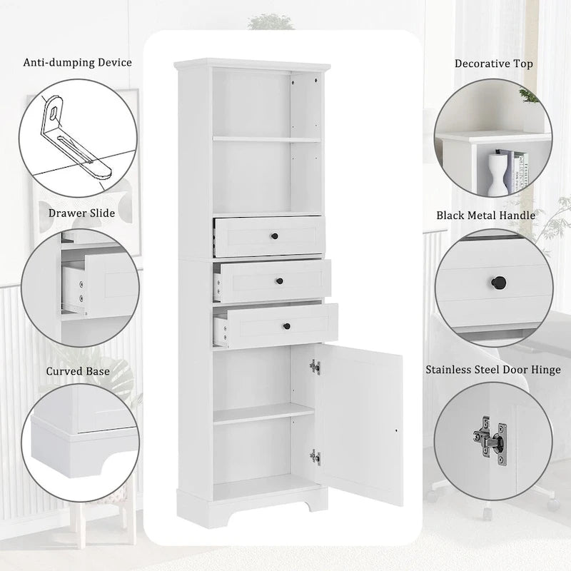 Meuble de salle de bain autoportant de 173 cm de haut avec 3 tiroirs et étagères réglables