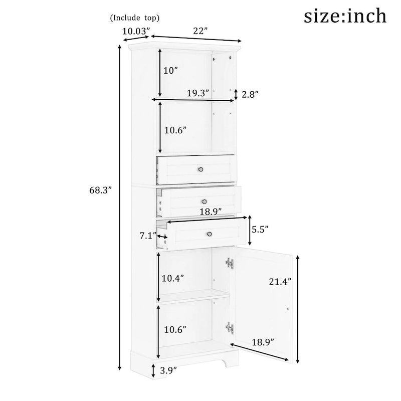 Meuble de salle de bain autoportant de 173 cm de haut avec 3 tiroirs et étagères réglables