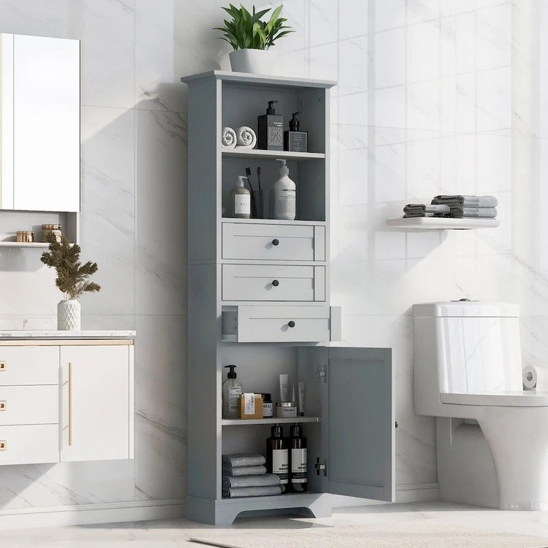 Meuble de salle de bain autoportant de 173 cm de haut avec 3 tiroirs et étagères réglables