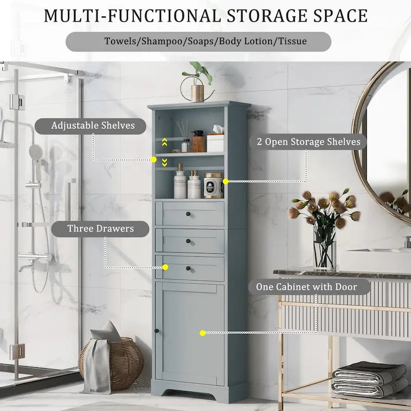 Meuble de salle de bain autoportant de 173 cm de haut avec 3 tiroirs et étagères réglables