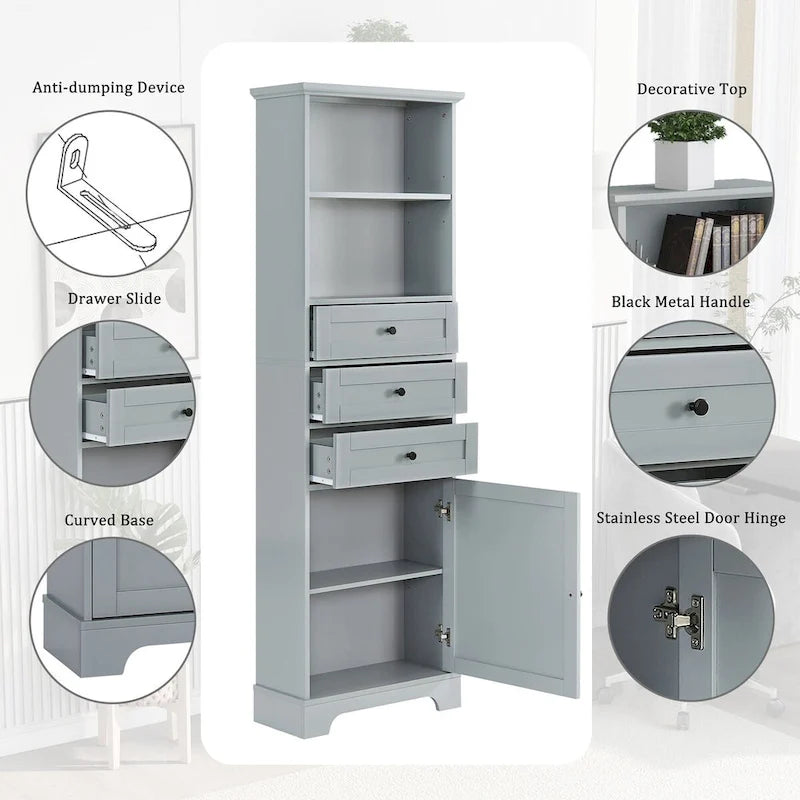 Meuble de salle de bain autoportant de 173 cm de haut avec 3 tiroirs et étagères réglables