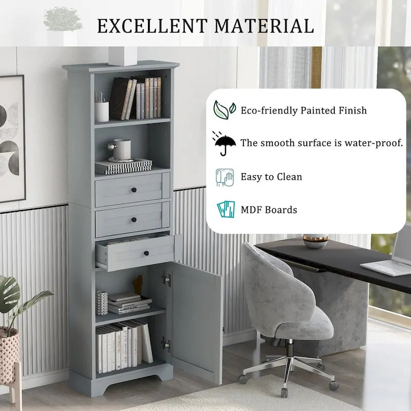 Meuble de salle de bain autoportant de 173 cm de haut avec 3 tiroirs et étagères réglables