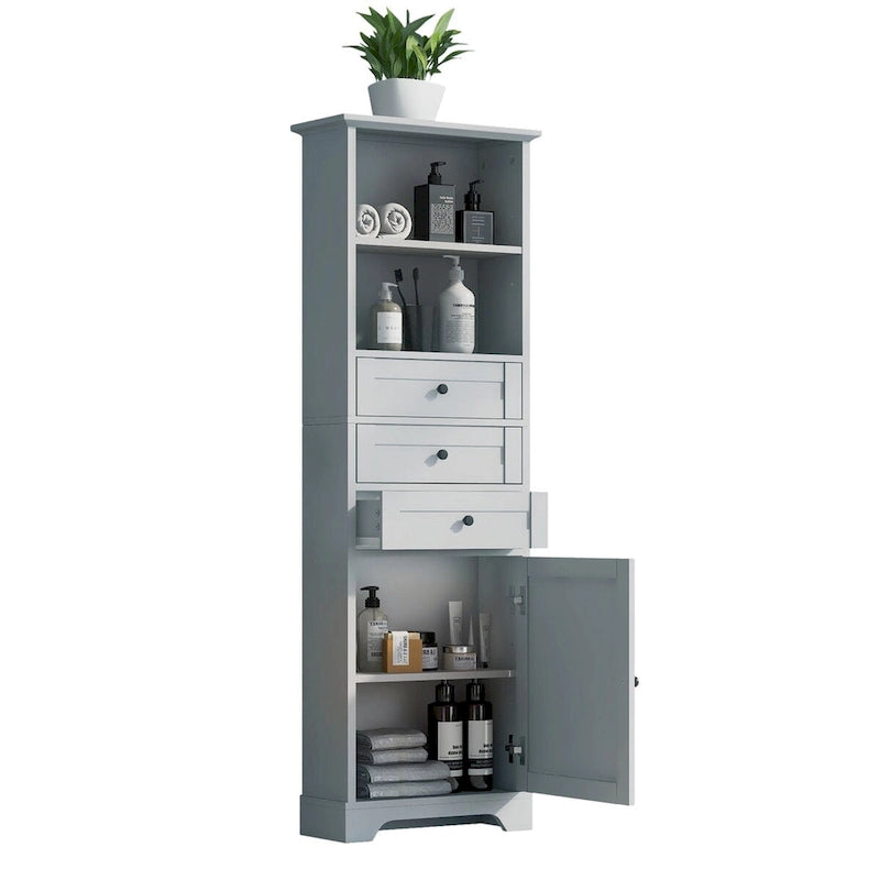 Meuble de salle de bain autoportant de 173 cm de haut avec 3 tiroirs et étagères réglables
